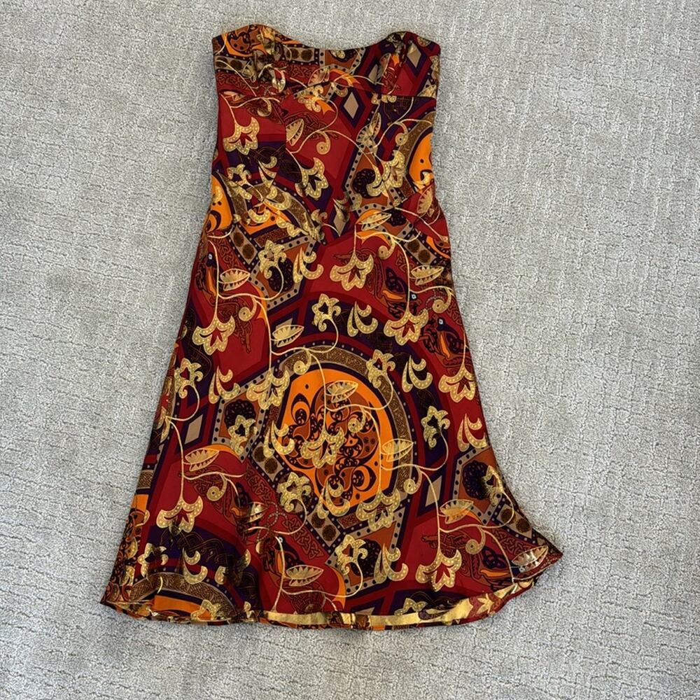 Nicole Miller Strapless Dress in Red, Orange, Gold Paisley Print